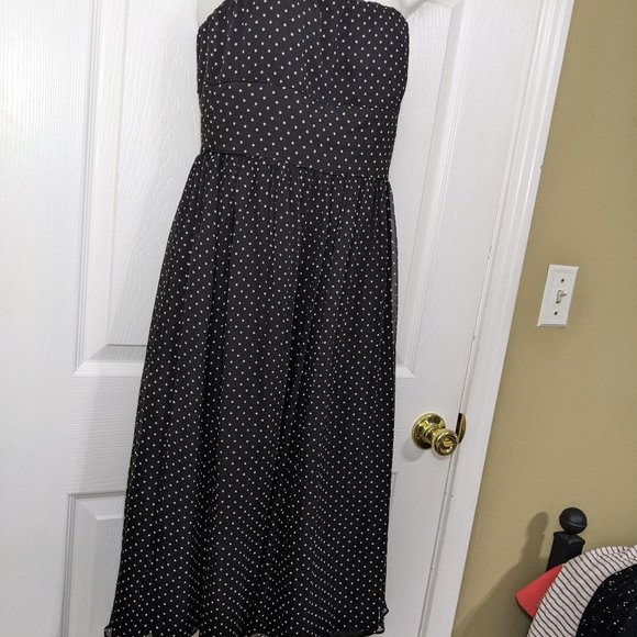 J. Crew 100% Silk Black w/Tan Polka Dots Strapless Midi Dress - size 2 - Picture 5 of 10